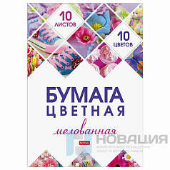 Цветная бумага А4 мелованная, 10 листов 10 цветов, папка, HATBER, "Мозаика", 195х280 мм, 10Бц4м_24269